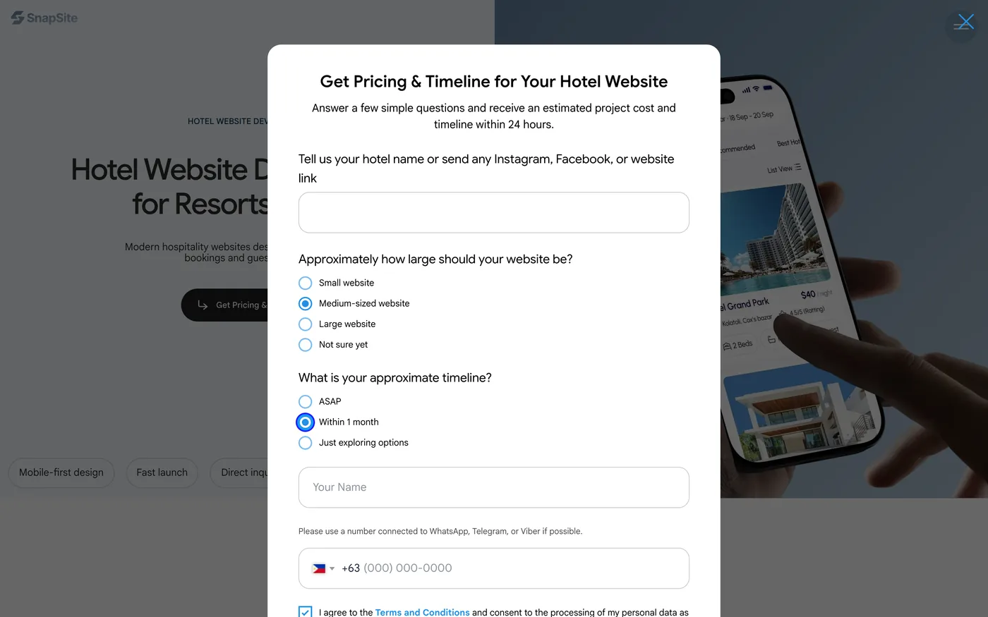 Screenshot: Get Pricing & Timeline quiz
